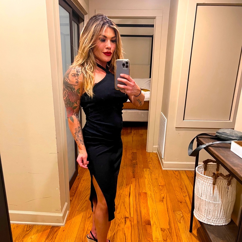 Black ripped cotton halter mini dress